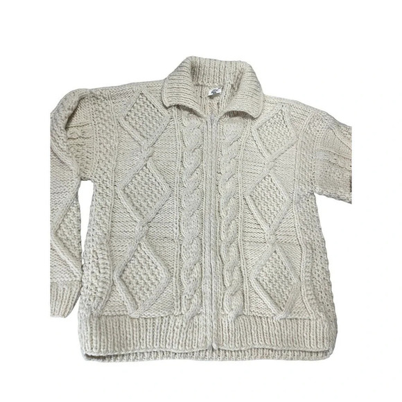 Vintage Ice Ame Full Zip Chunky Sweater Cardigan Ivory Hand Knit Size Large - Picture 5 of 11